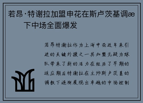 若昂·特谢拉加盟申花在斯卢茨基调教下中场全面爆发